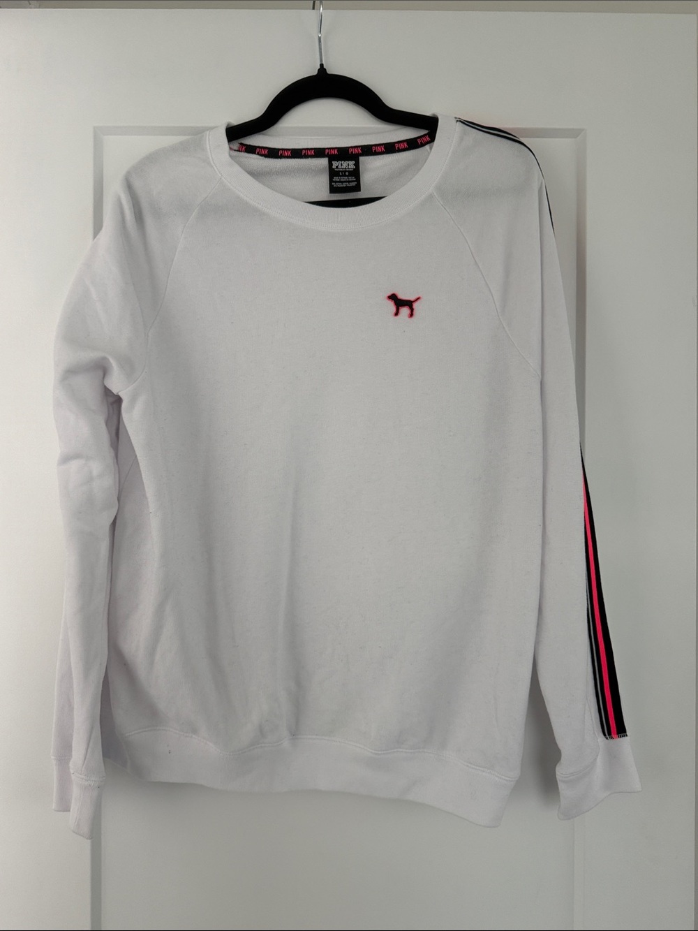 PINK Victoria's Secret White Crewneck with Pink & Black Sleeve Stripe